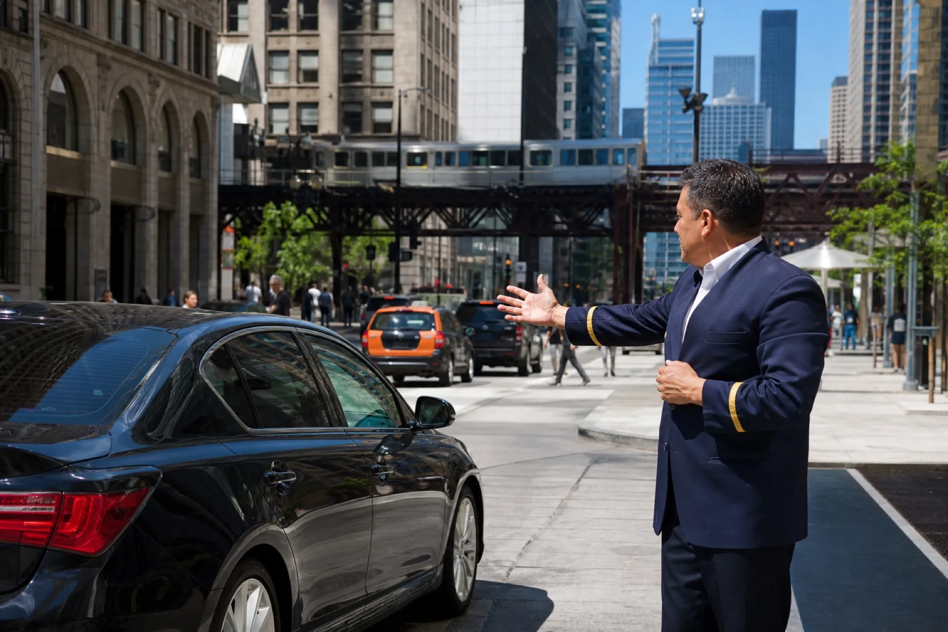 Valet guiding a vehicle on a bright downtown Chicago street