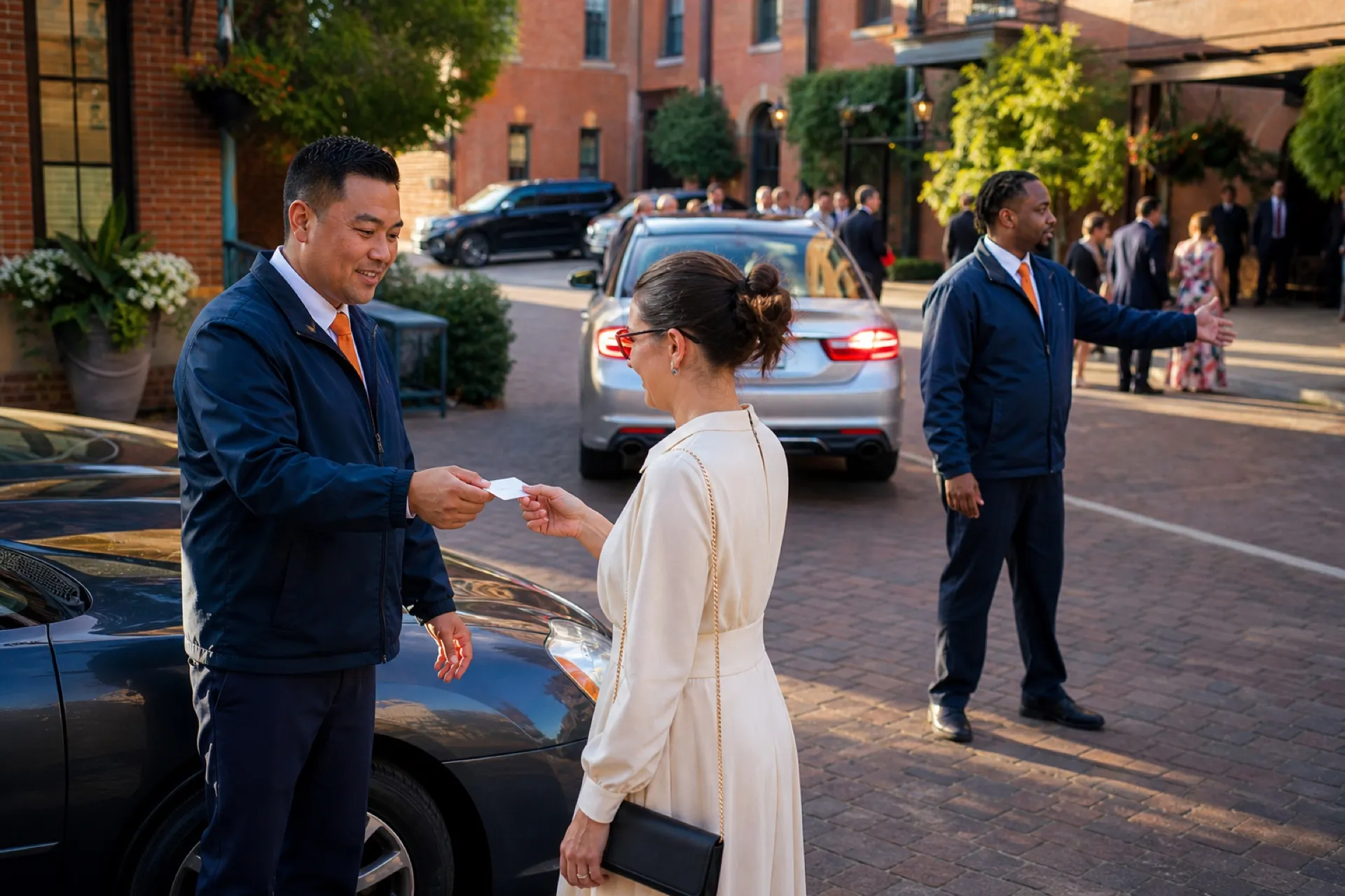 Valet attendants coordinating an event arrival in direct evening light