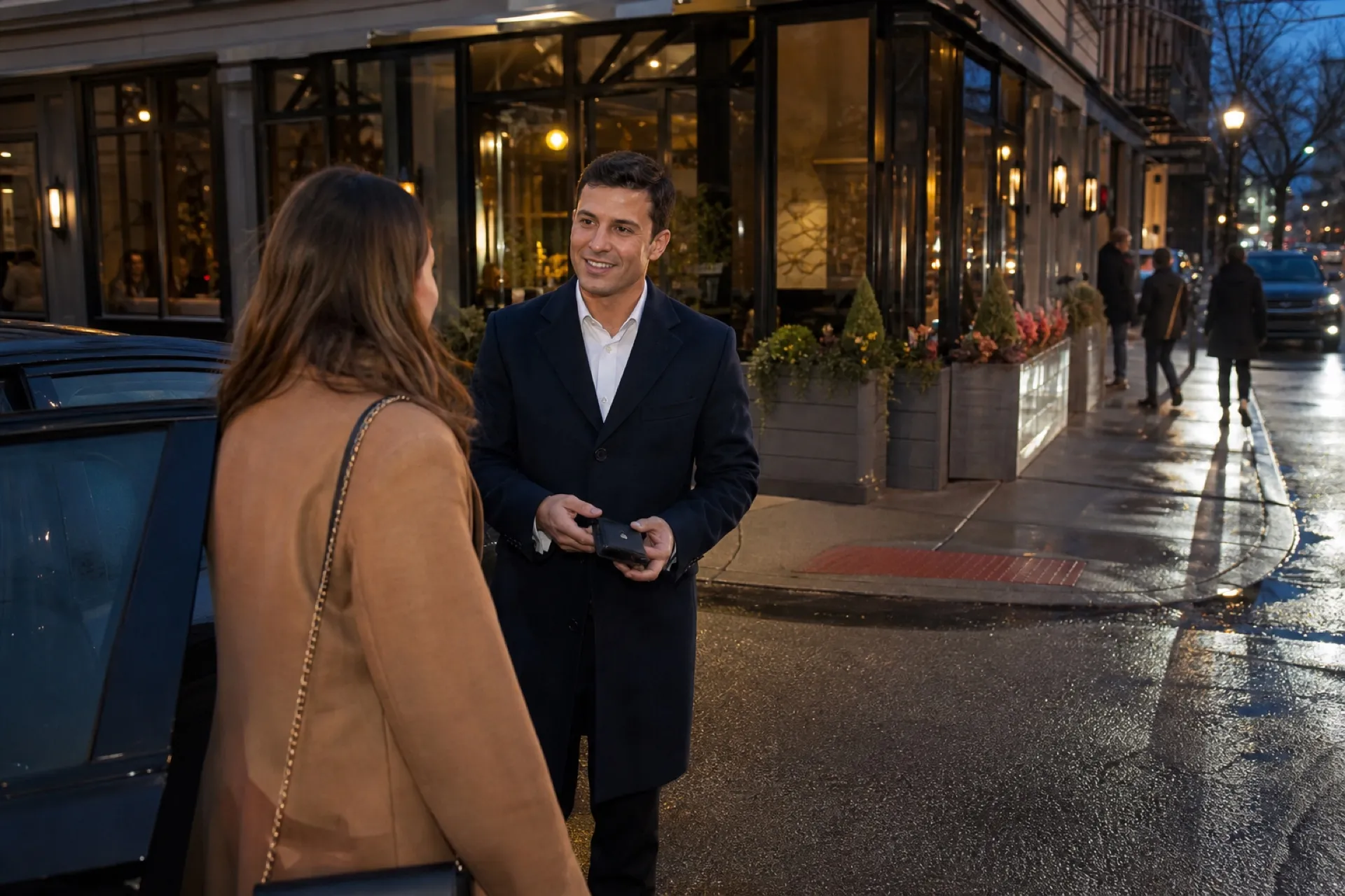 Valet greeting a guest outside a Chicago restaurant at blue hour
