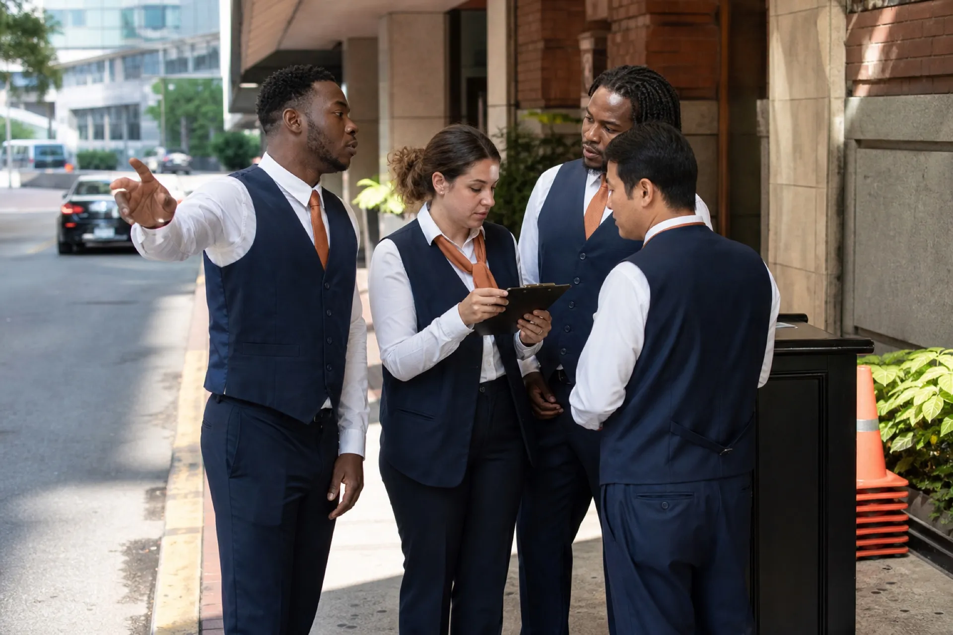 Four uniformed valet attendants reviewing a curbside plan before service